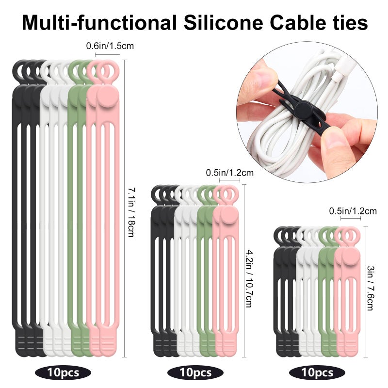OneLeaf 30Pcs Cord Organizer, Silicone Cable Ties Reusable, Cord Ties for Electronics, Multipurpose Elastic Wire Ties, Travel Essentials for Cable Organizer, Wire Organizers for Fastening Cords - Image 2
