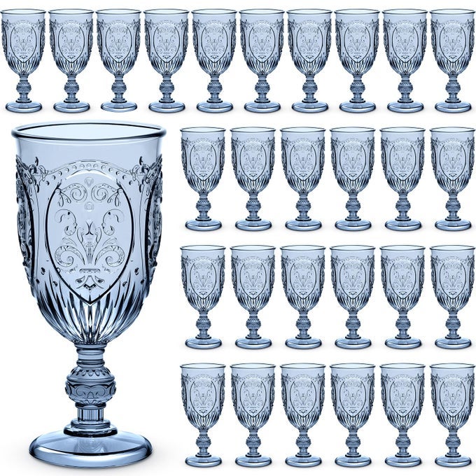 48 PCS PLASTIC GOBLETS 75OZ VINTAGE GOBLET PLASTIC WINE GLASSES COLORED RETRO EMBOSSED WATER GOBLETS FOR WINE BAR JUICE BABY SHOWER WEDDING RECEPTION GRAND EVENT PARTY BLUE