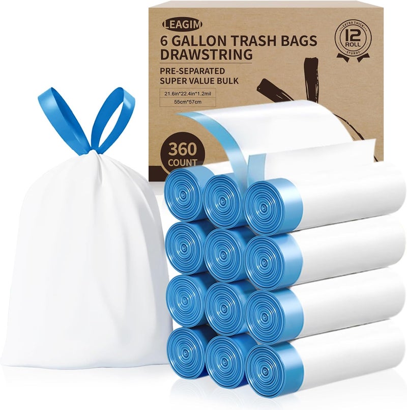 LEAGIM 6 Gallon Trash Bags Drawstring, 360 Count -1.2 Mil Medium Garbage Bags, 22.5 Liter Plastic Trash Can Liners Unscented for Home, Bathroom, Office, Kitchen - Image 1