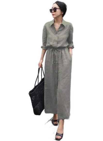 Barbora Linen Casual Waist Tie Detail Long Sleeve Dress LN07HAKI9