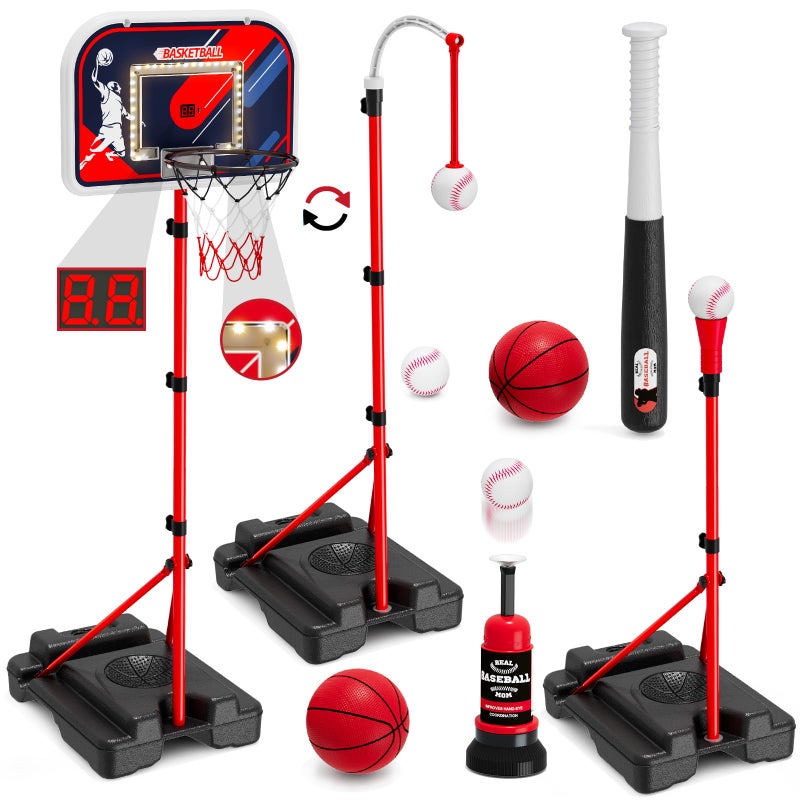 HYES 4 in 1 Kids Basketball Hoop and Tball Set 35 Basketball Goal with ScoreboardLED Hanging Tee Ball Stand with Baseball Pitching Machine Indoor Outdoor Sport Toys for Boys 48 - Image 2