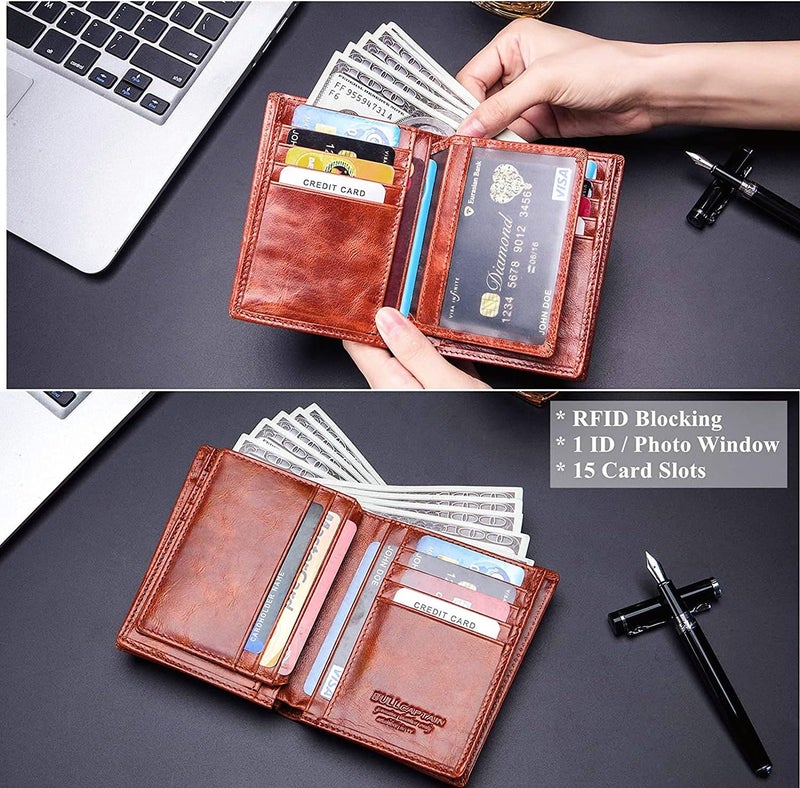 BULLCAPTAIN Large Capacity Genuine Leather Bifold Wallet/Credit Card Holder for Men with 15 Card Slots QB-027 - Image 3