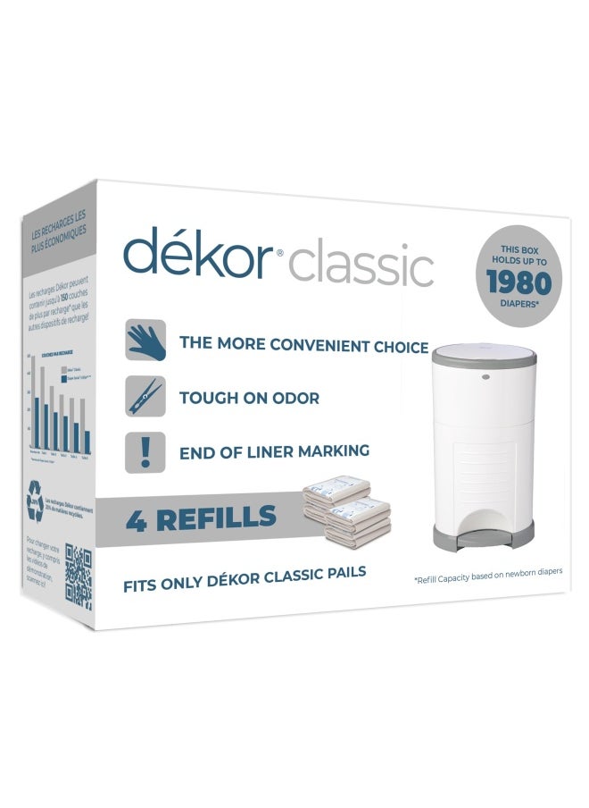 DEKOR - Classic Diaper Pail Refills 4 Count Most Economical Refill System Quick And Easy To Replace No Preset Bag Size Use Only What You Need Exclusive End-Of-Liner Marking Baby Powder Scent - Image 1