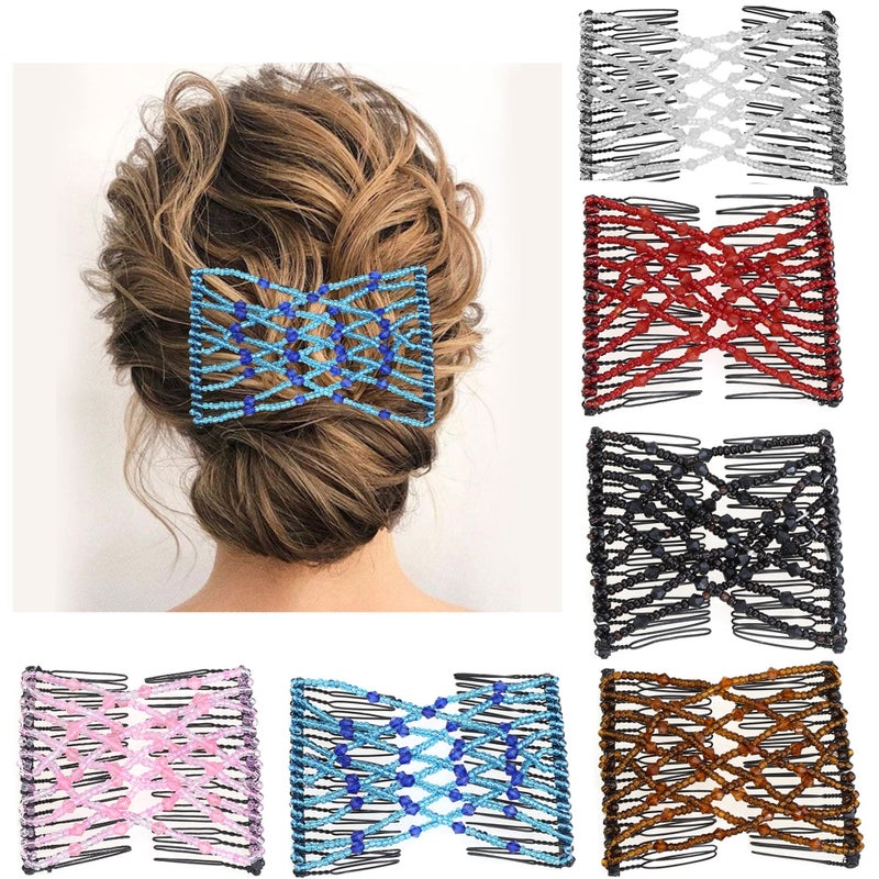 Aethland 6 Pieces Magic Hair Comb Elastic Beaded Hair Clips Women Stretchy Bride Double Slides Hairpins Combs for Women Ladies Girls DIY Hair Styling Accessories - Image 1