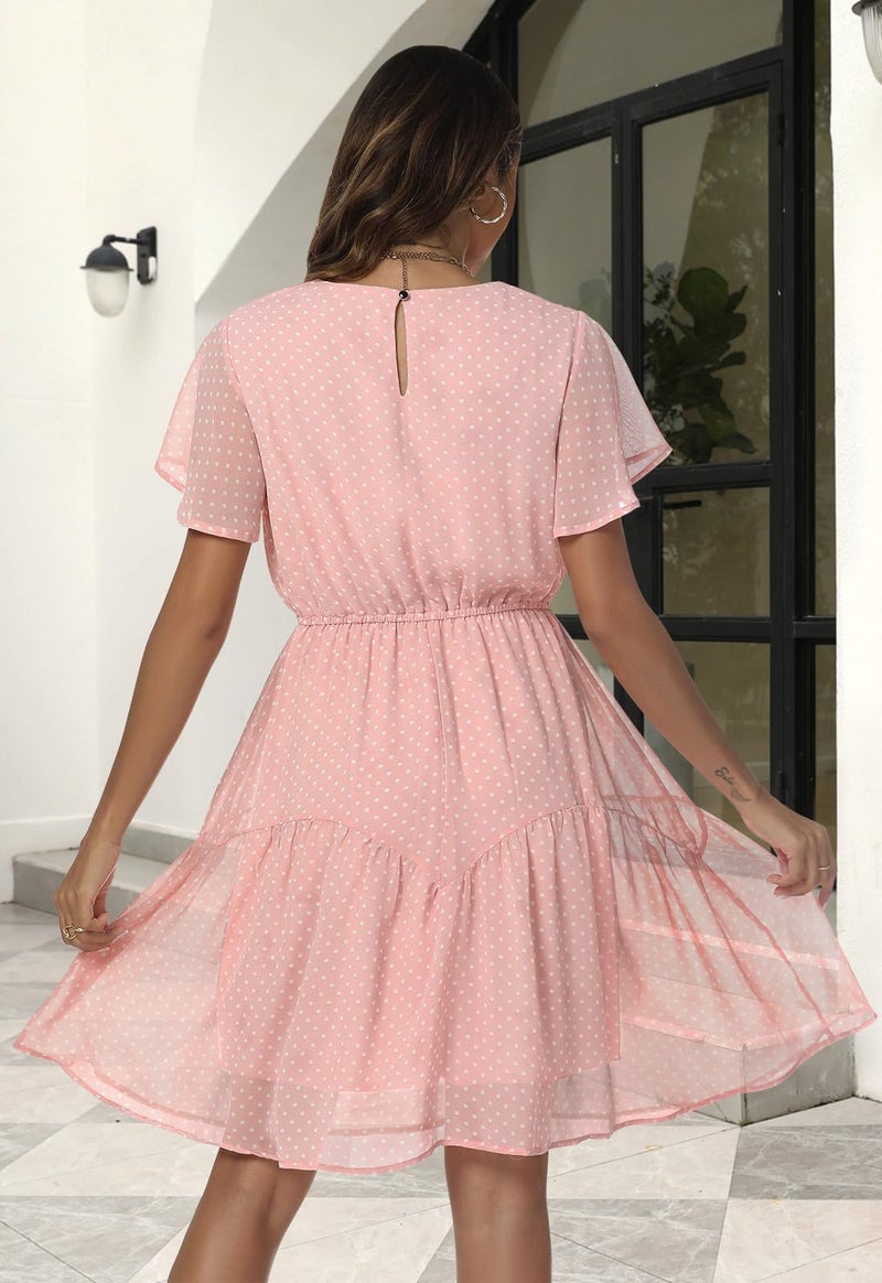 Manydress Women's Chiffon Floral Casual Summer Boho Flutter Sleeve Flowy Skater Western Dress MY112 (Pink Dot, XL) - Image 2
