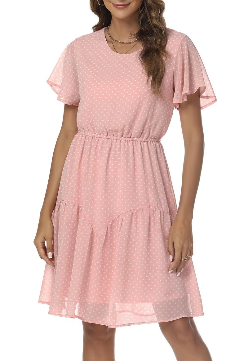 Manydress Women's Chiffon Floral Casual Summer Boho Flutter Sleeve Flowy Skater Western Dress MY112 (Pink Dot, XL) - Image 4
