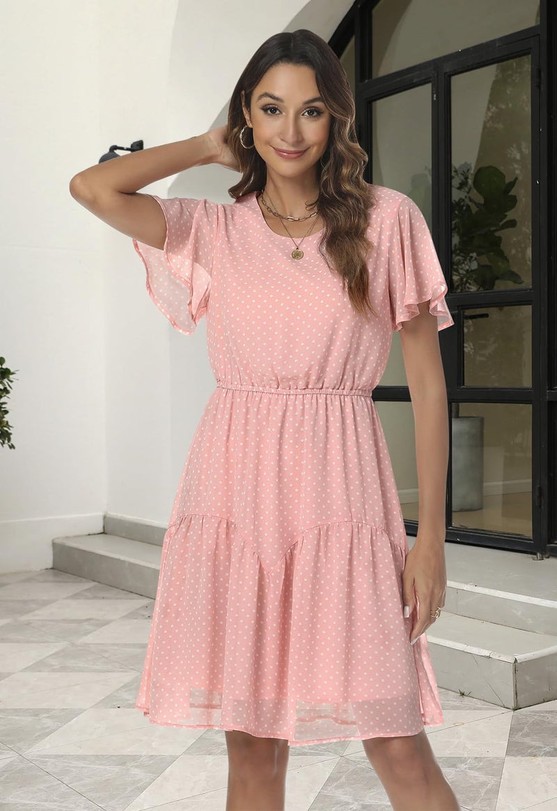 Manydress Women's Chiffon Floral Casual Summer Boho Flutter Sleeve Flowy Skater Western Dress MY112 (Pink Dot, XL) - Image 3