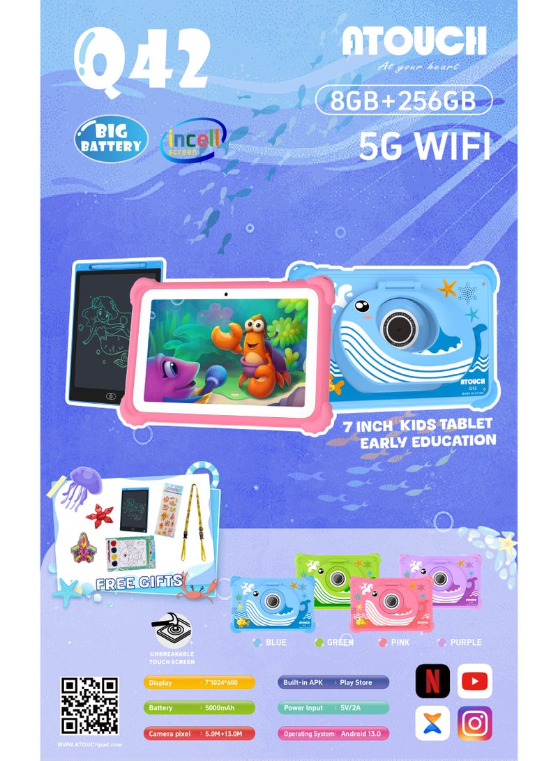 ATOUCH Q42 7-inch Kids Tablet – 5G Wi-Fi 8GB RAM 256GB ROM IPS Touch Screen Built-in Stand & LCD Writing Tablet (Blue, Dolphin Design) - Image 5