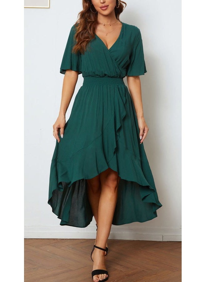 Kormei Women Short Sleeve V Neck Floral High Low Flowy Summer Party Long Maxi Dress L Green#1, Green#1, L - Image 2