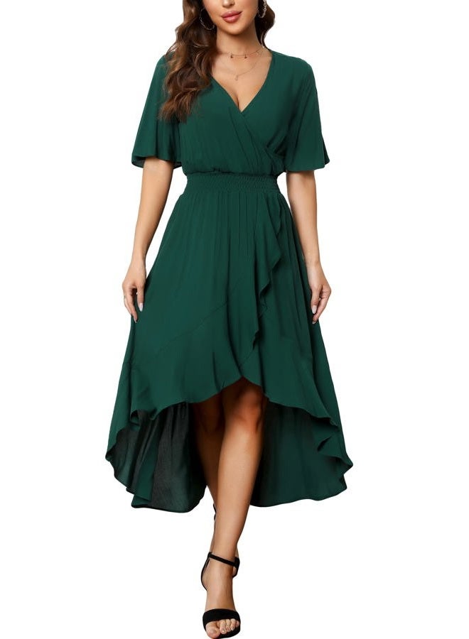 Kormei Women Short Sleeve V Neck Floral High Low Flowy Summer Party Long Maxi Dress L Green#1, Green#1, L - Image 1