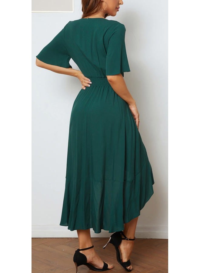 Kormei Women Short Sleeve V Neck Floral High Low Flowy Summer Party Long Maxi Dress L Green#1, Green#1, L - Image 5