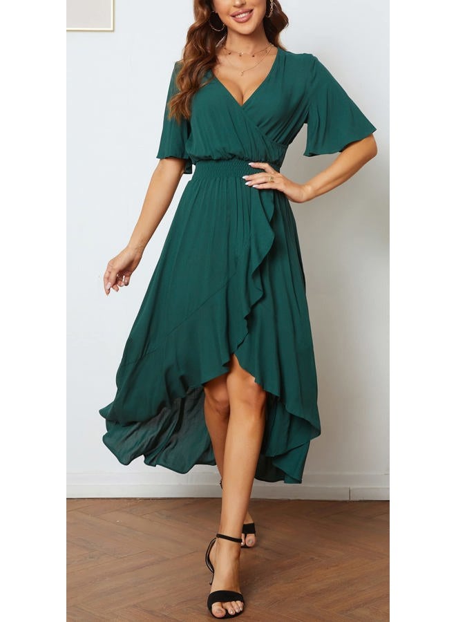 Kormei Women Short Sleeve V Neck Floral High Low Flowy Summer Party Long Maxi Dress L Green#1, Green#1, L - Image 3