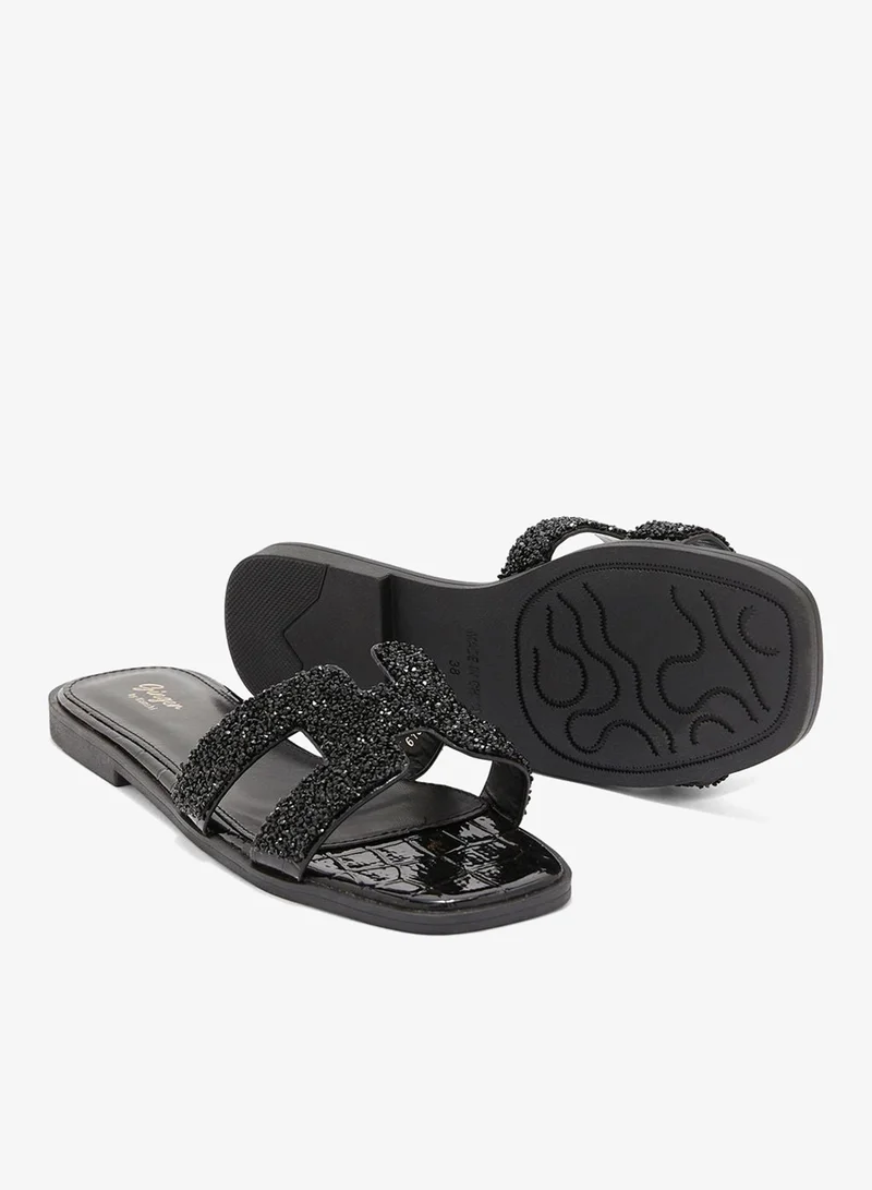 Ginger Black Diamante Edge Cutout Flat Sandal Black for Women | Best Price UAE