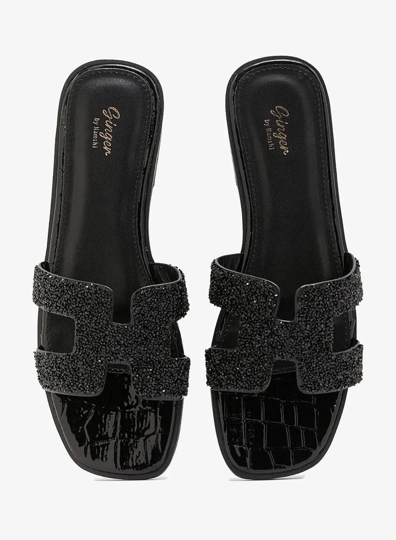 Ginger Black Diamante Edge Cutout Flat Sandal Black for Women | Best Price UAE