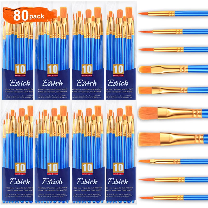 ESRICH Acrylic Paint Brushes Set8Packs 80 Pcs Nylon Paintbrushes Head Suitable for Acrylic Oil Watercolor Rock Body Face Nail Art Perfect Suit of Art Painting Best Gift for Kids Adult Drawing