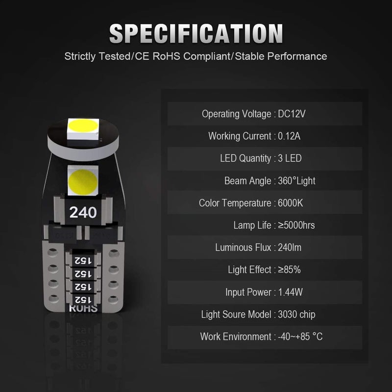 KAFEEK 20x T10 Wedge 194 168 2825 W5W Super Bright LED Bulbs - Xenon White - Image 5
