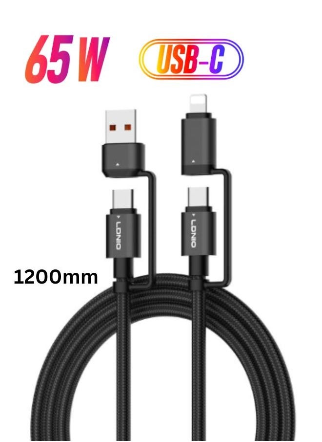LDNIO 65W 4-in-1 Fast Charging Cable USB-C /Lighting to USB-A/USB-C With USB-C Connectors for Laptops, Smartphones, Tablets, and Accessories, Supports Up to 100W Power Delivery, Compatible with Apple, Dell, Samsung, Huawei, Honor Google, and More- (1.2M) Black  - Image 1