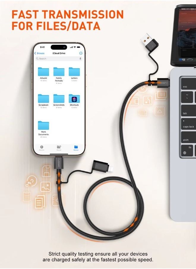 LDNIO 65W 4-in-1 Fast Charging Cable USB-C /Lighting to USB-A/USB-C With USB-C Connectors for Laptops, Smartphones, Tablets, and Accessories, Supports Up to 100W Power Delivery, Compatible with Apple, Dell, Samsung, Huawei, Honor Google, and More- (1.2M) Black  - Image 2