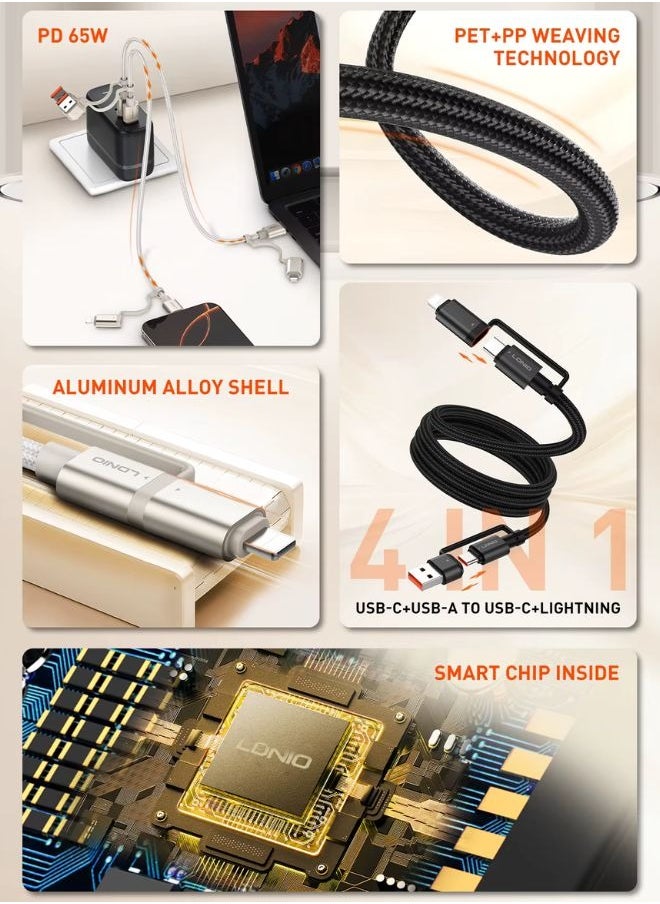 LDNIO 65W 4-in-1 Fast Charging Cable USB-C /Lighting to USB-A/USB-C With USB-C Connectors for Laptops, Smartphones, Tablets, and Accessories, Supports Up to 100W Power Delivery, Compatible with Apple, Dell, Samsung, Huawei, Honor Google, and More- (1.2M) Black  - Image 3