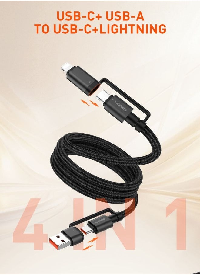LDNIO 65W 4-in-1 Fast Charging Cable USB-C /Lighting to USB-A/USB-C With USB-C Connectors for Laptops, Smartphones, Tablets, and Accessories, Supports Up to 100W Power Delivery, Compatible with Apple, Dell, Samsung, Huawei, Honor Google, and More- (1.2M) Black  - Image 5