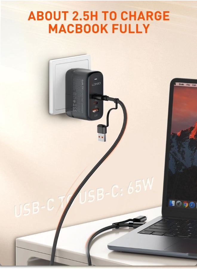 LDNIO 65W 4-in-1 Fast Charging Cable USB-C /Lighting to USB-A/USB-C With USB-C Connectors for Laptops, Smartphones, Tablets, and Accessories, Supports Up to 100W Power Delivery, Compatible with Apple, Dell, Samsung, Huawei, Honor Google, and More- (1.2M) Black  - Image 4