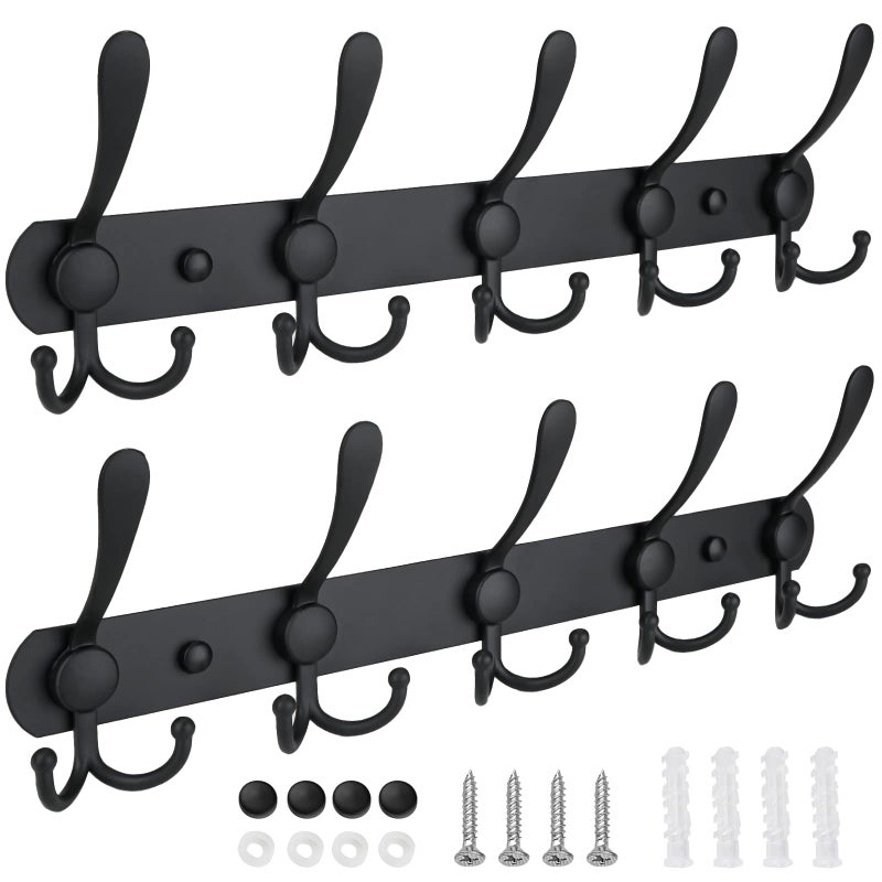 TICONN Wall Mounted Coat Rack, Five Heavy Duty Tri Hooks All Metal Construction for Jacket Coat Hat in Mudroom Entryway (Matte Black, 2-Pack) - Image 1