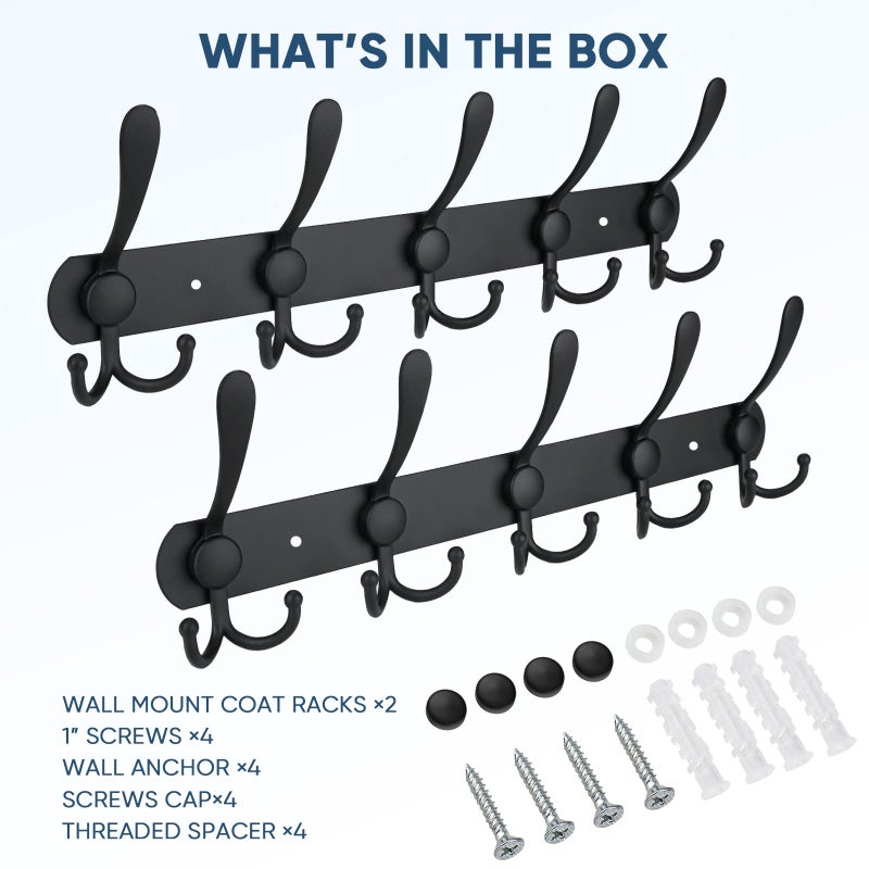 TICONN Wall Mounted Coat Rack, Five Heavy Duty Tri Hooks All Metal Construction for Jacket Coat Hat in Mudroom Entryway (Matte Black, 2-Pack) - Image 5
