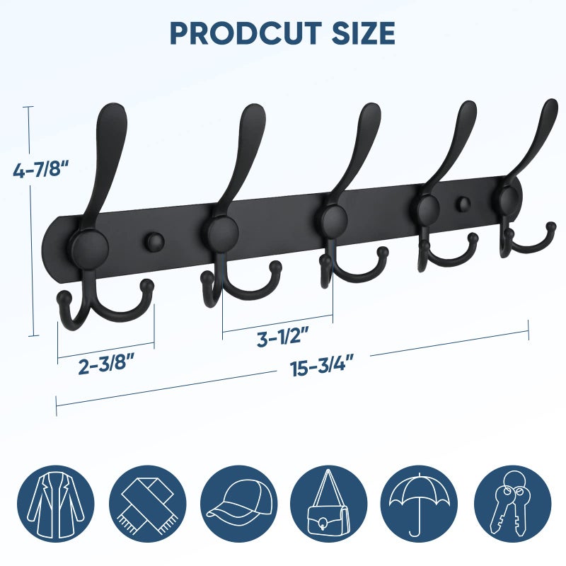 TICONN Wall Mounted Coat Rack, Five Heavy Duty Tri Hooks All Metal Construction for Jacket Coat Hat in Mudroom Entryway (Matte Black, 2-Pack) - Image 2