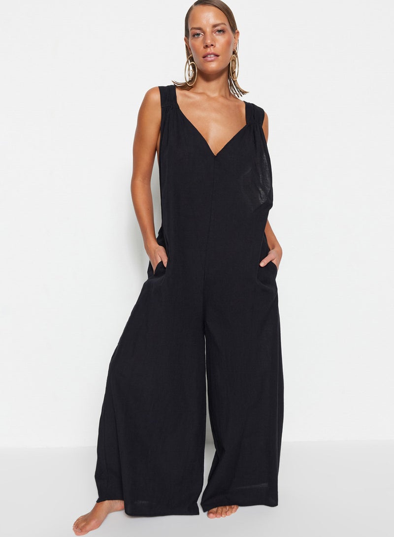 trendyol Beach Wear 100% Cotton Black Woven Backless Maxi Jumpsuit Tbess21Tu0269 - Image 2