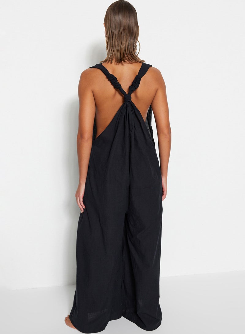 trendyol Beach Wear 100% Cotton Black Woven Backless Maxi Jumpsuit Tbess21Tu0269 - Image 5
