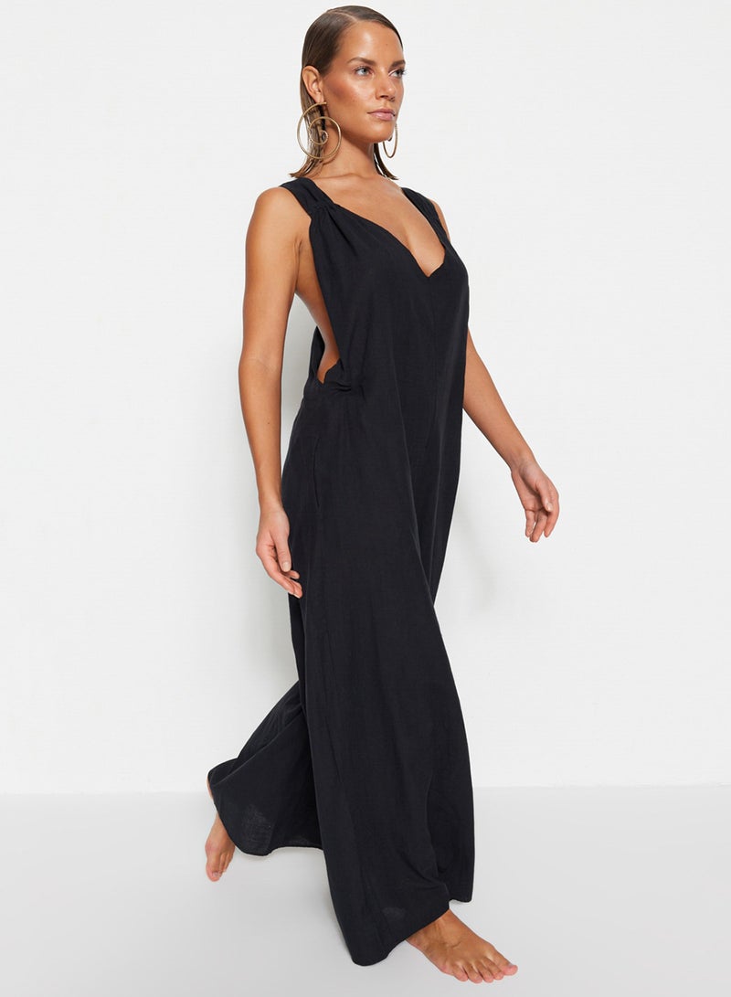 trendyol Beach Wear 100% Cotton Black Woven Backless Maxi Jumpsuit Tbess21Tu0269 - Image 3