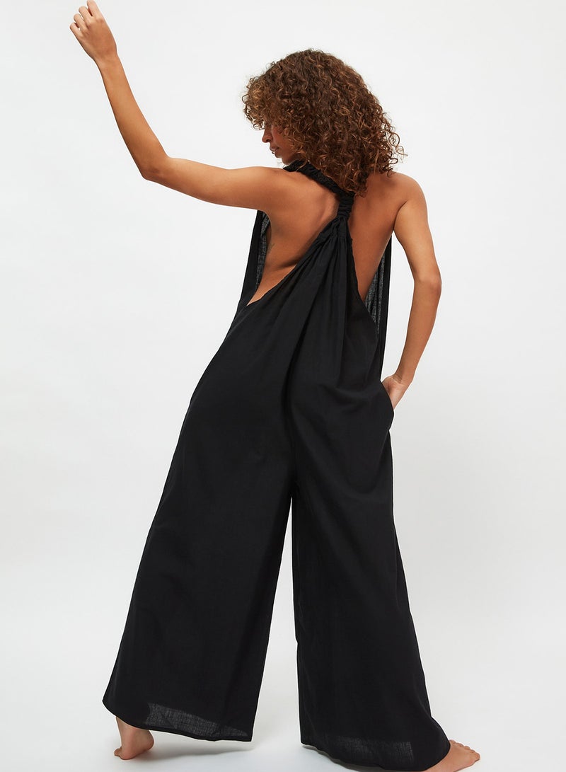 trendyol Beach Wear 100% Cotton Black Woven Backless Maxi Jumpsuit Tbess21Tu0269 - Image 1