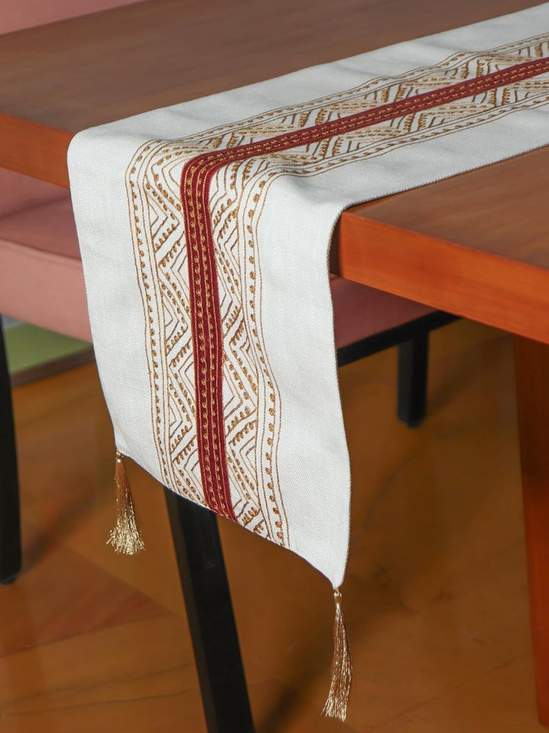 Zeba World Beige Cotton Blend Table Runner with Embroidery & Patchwork Center, Tassels | Elegant Dining Table Runner for 4/6 Seater – 30 cm x 210 cm (12 in x 84 in) - Image 2
