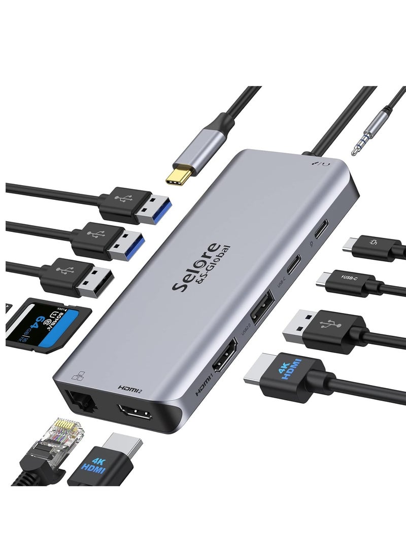 ماركة غير محددة قاعدة شحن USB C مزدوجة HDMI 12 في 1 مع مزدوج 2 × 3.0 و2 2.0 100 واط بي دي بيانات قارئ بطاقات SD وTF جيجابت ايثرنت صوت/ميكروفون 3.5 ملم متوافق ماك بوك برو  - Image 1