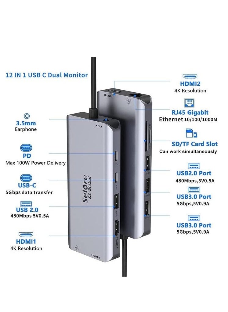 ماركة غير محددة قاعدة شحن USB C مزدوجة HDMI 12 في 1 مع مزدوج 2 × 3.0 و2 2.0 100 واط بي دي بيانات قارئ بطاقات SD وTF جيجابت ايثرنت صوت/ميكروفون 3.5 ملم متوافق ماك بوك برو  - Image 2
