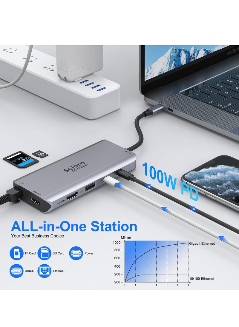 ماركة غير محددة - قاعدة شحن USB C مزدوجة HDMI 12 في 1 مع مزدوج 2 × 3.0 و2 2.0 100 واط بي دي بيانات قارئ بطاقات SD وTF جيجابت ايثرنت صوت/ميكروفون 3.5 ملم متوافق ماك بوك برو - Image 1