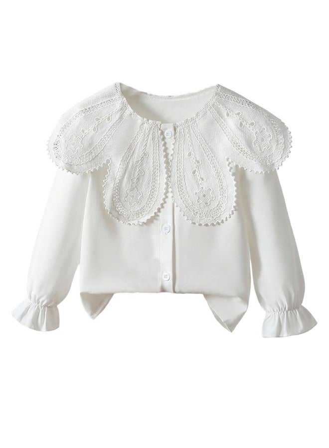 Verdusa Toddler Girl's Floral Eyelet Button Up Blouse Ruffle Collared Boho Chic Tops White 6Y - Image 1