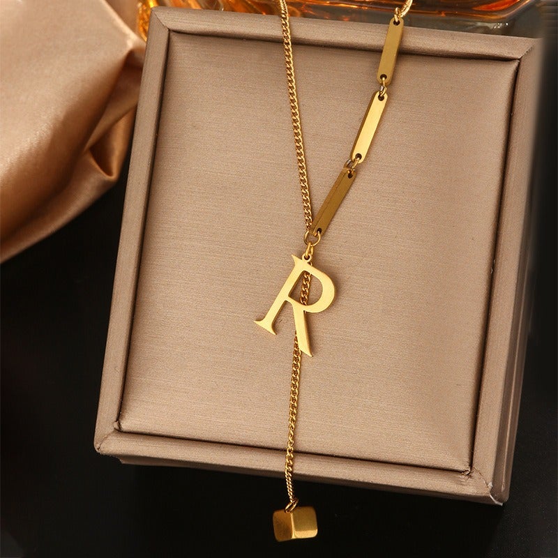 Vital Titanium Steel Tassel Collarbone Necklace for Women, 26 Letter Initial Pendant, Fade-Resistant Minimalist Jewelry
