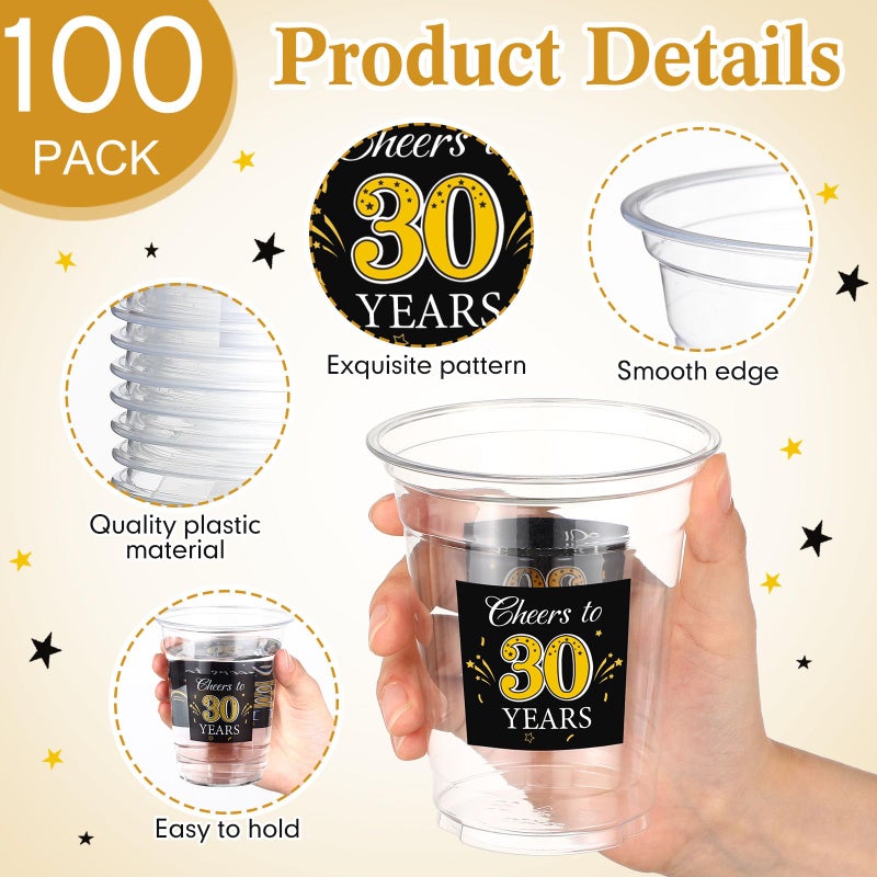 Funnymoom 100 Pack 30th Birthday Cup 12 oz Cheers to 30 Years Happy Birthday Disposable Clear Plastic Cups for Him Men Women Wedding Anniversary Decorations Party Favors - Image 1
