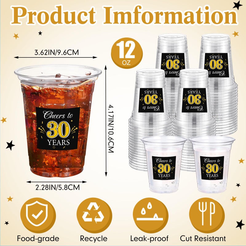 Funnymoom 100 Pack 30th Birthday Cup 12 oz Cheers to 30 Years Happy Birthday Disposable Clear Plastic Cups for Him Men Women Wedding Anniversary Decorations Party Favors - Image 2