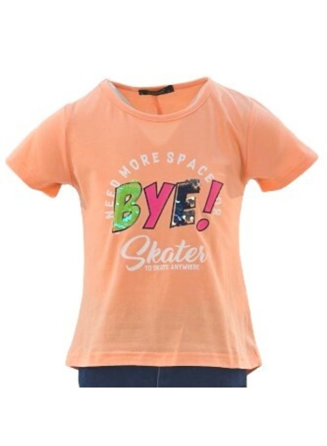 JOANNA JOANNA 23KY384B Girl's Need More Space Bye! Skater To Skate Anywhere Print Round Neck Short Sleeve T-Shirt - Orange  - Image 1