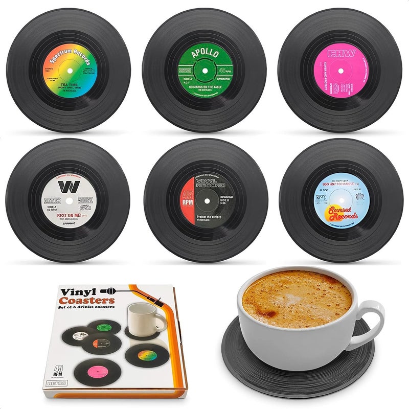 6Pcs Vinyl Record Coasters for Drinks  41 Retro Gift Record Player Coasters for Desk  Durable and HeatResistant Mini Vinyl Records Set to Decorate Home Bar Kitchen or Office