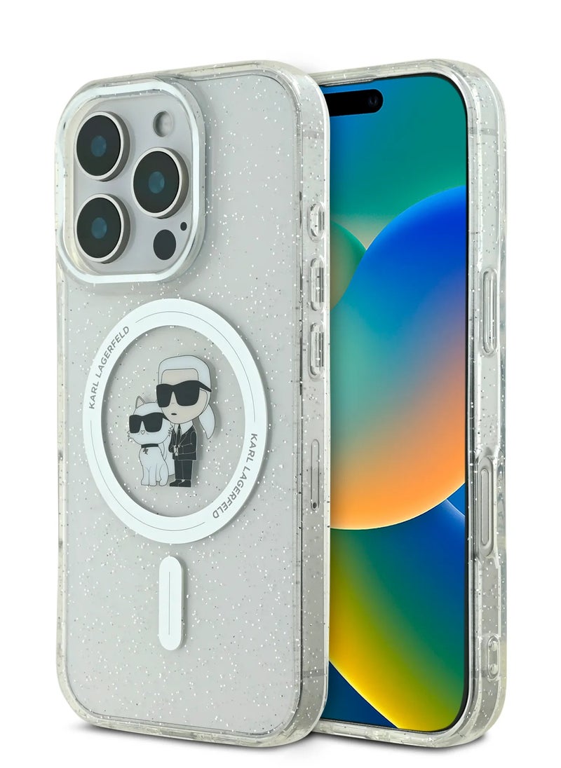 Karl Lagerfeld - iPhone 16 Pro Hard Case MagSafe IML Glitter Back Cover with Karl & Choupette Logo /Drop protection/Slim Profile /Light Weight/Comfortable Grip - Transparent - Image 1