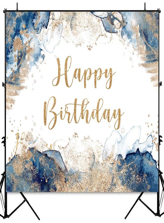 Sensfun Blue and Gold Happy Birthday Backdrop Abstract Watercolor Navy Golden Ink Texture Women Men Bday Photography Background Party Decorations Cake Table Banner Photo Booth Props 7x5ft - Image 3