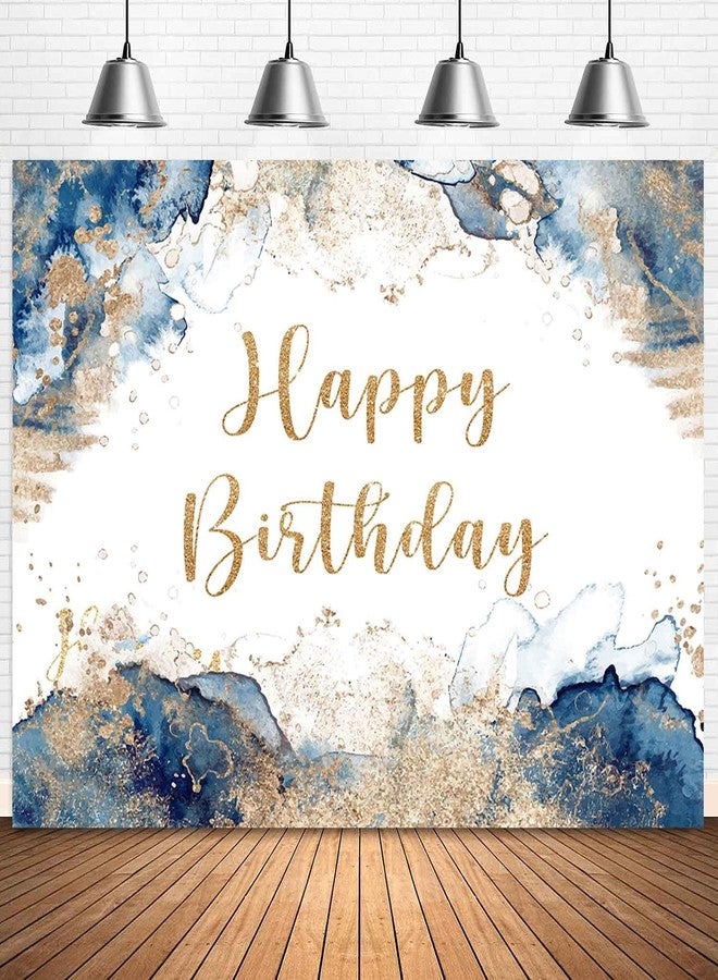 Sensfun Blue and Gold Happy Birthday Backdrop Abstract Watercolor Navy Golden Ink Texture Women Men Bday Photography Background Party Decorations Cake Table Banner Photo Booth Props 7x5ft - Image 1