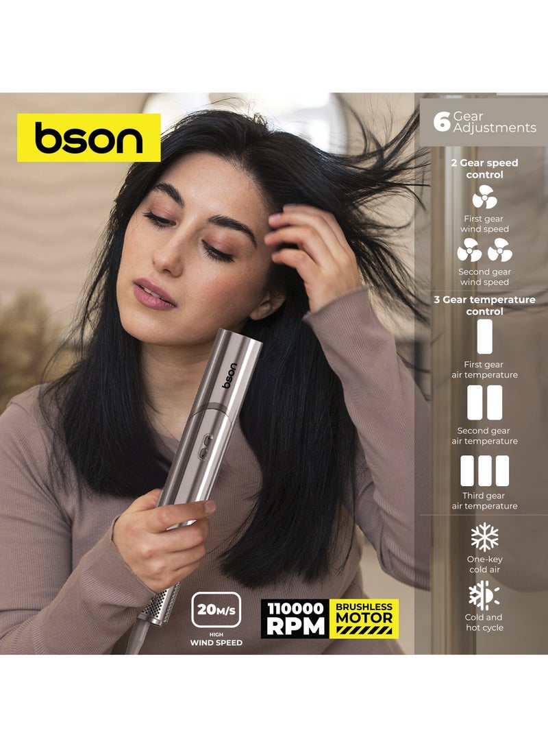 BSON مجفف شعر ومصفف احترافي 6 في 1 - محرك بدون فرشاة بسرعة 110,000 دورة في الدقيقة، 5 ملحقات تصفيف، تحكم ذكي في الحرارة، 100 مليون أيون سالب، بدون إشعاع - تجفيف سريع، مضاد للتجاعيد، مجفف شعر خفيف الوزن للنساء، الرجال، المنزل، السفر، الصالون - Image 4