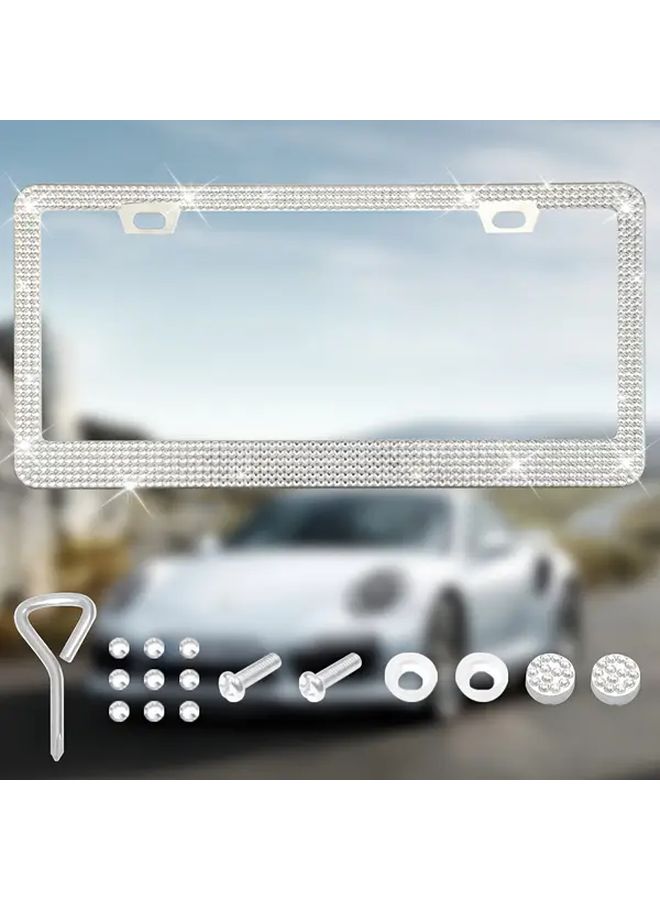White Stainless Steel Car License Plate Frame with Rhinestone Accents - Image 3