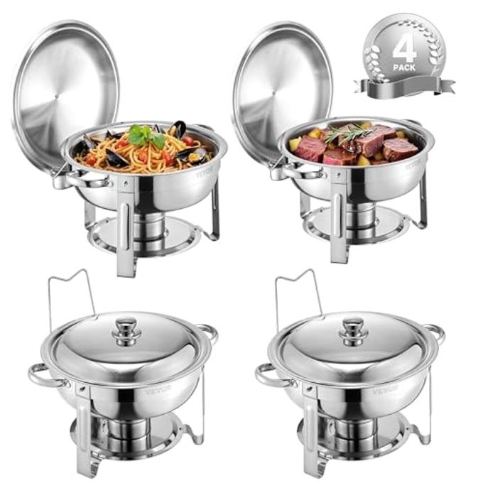 VEVOR Chafing Dish Buffet Set, 5 Qt 4 Pack, Stainless Steel Chafer With 4 Full Size Pans, Round Catering Warmer Server With Lid Water Pan Folding Stand Clip, For Weddings Parties Banquets, Silver - Image 1