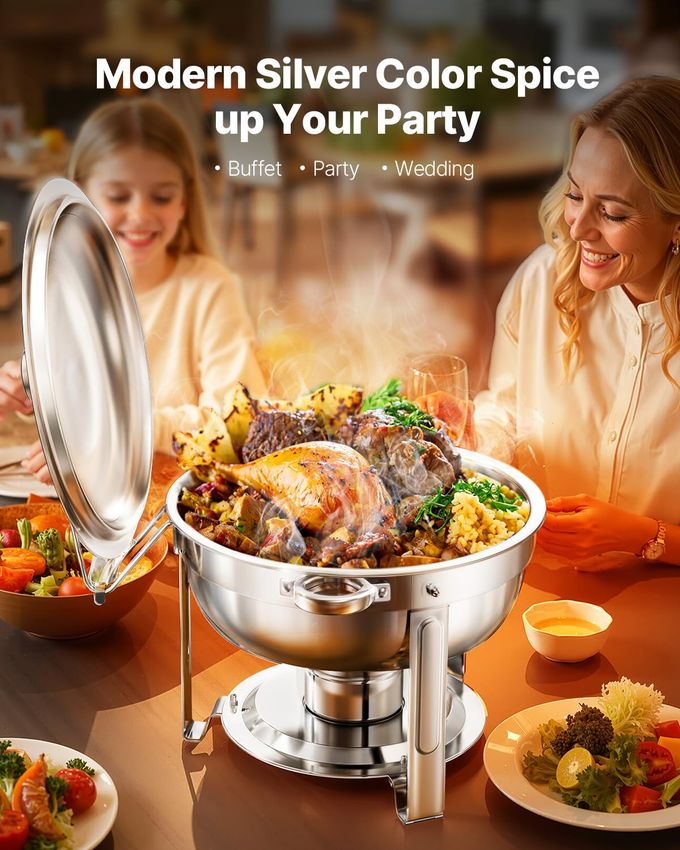 VEVOR Chafing Dish Buffet Set, 5 Qt 4 Pack, Stainless Steel Chafer With 4 Full Size Pans, Round Catering Warmer Server With Lid Water Pan Folding Stand Clip, For Weddings Parties Banquets, Silver - Image 5