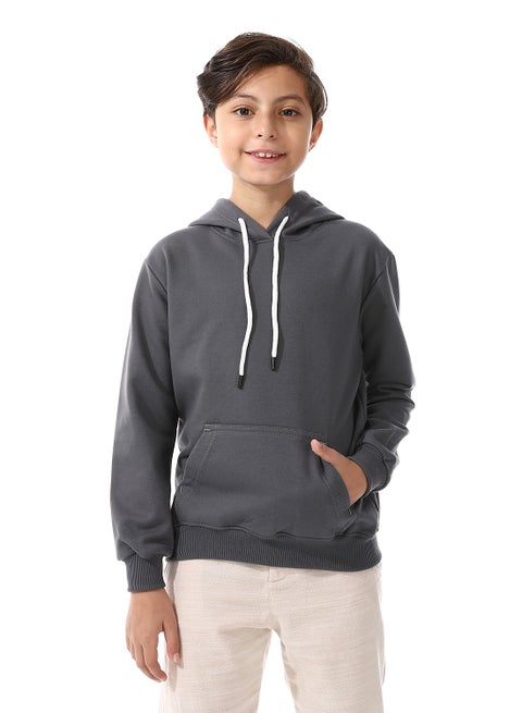 Kangaroo Pockets Fleeced Boys Hoodie_ Dark Grey